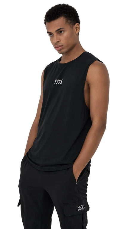 XXXX Men's Motion Curved-Hem Sleeveless Top in Black with Dimensional XXXX Insignia